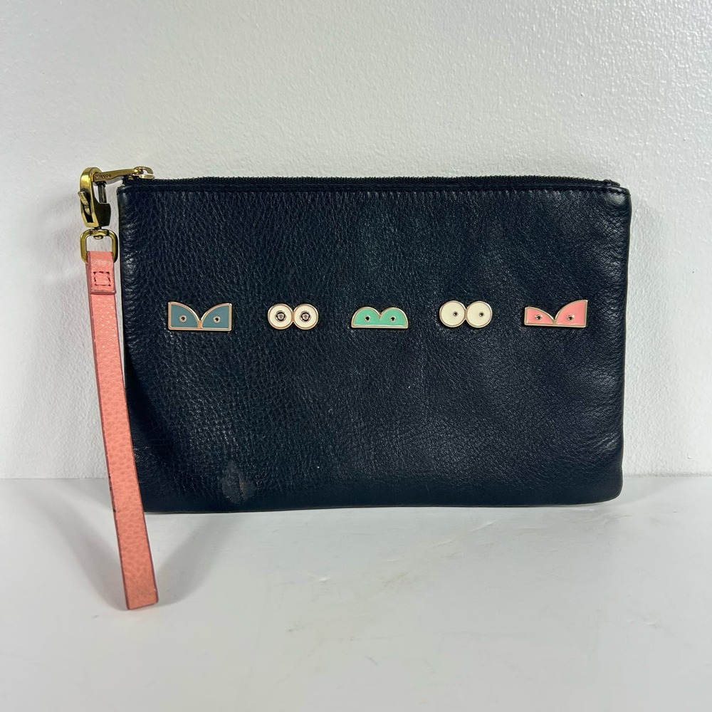 Fossil Genuine Calf Leather Wristlet Wallet Black Pink Metal Eyes